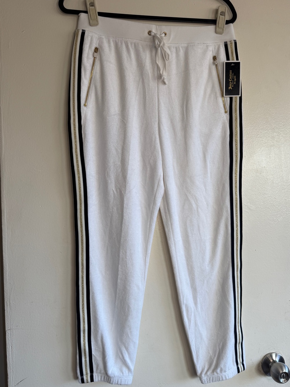 Juicy Couture White Terry Track Pants with Black & Gold Trim